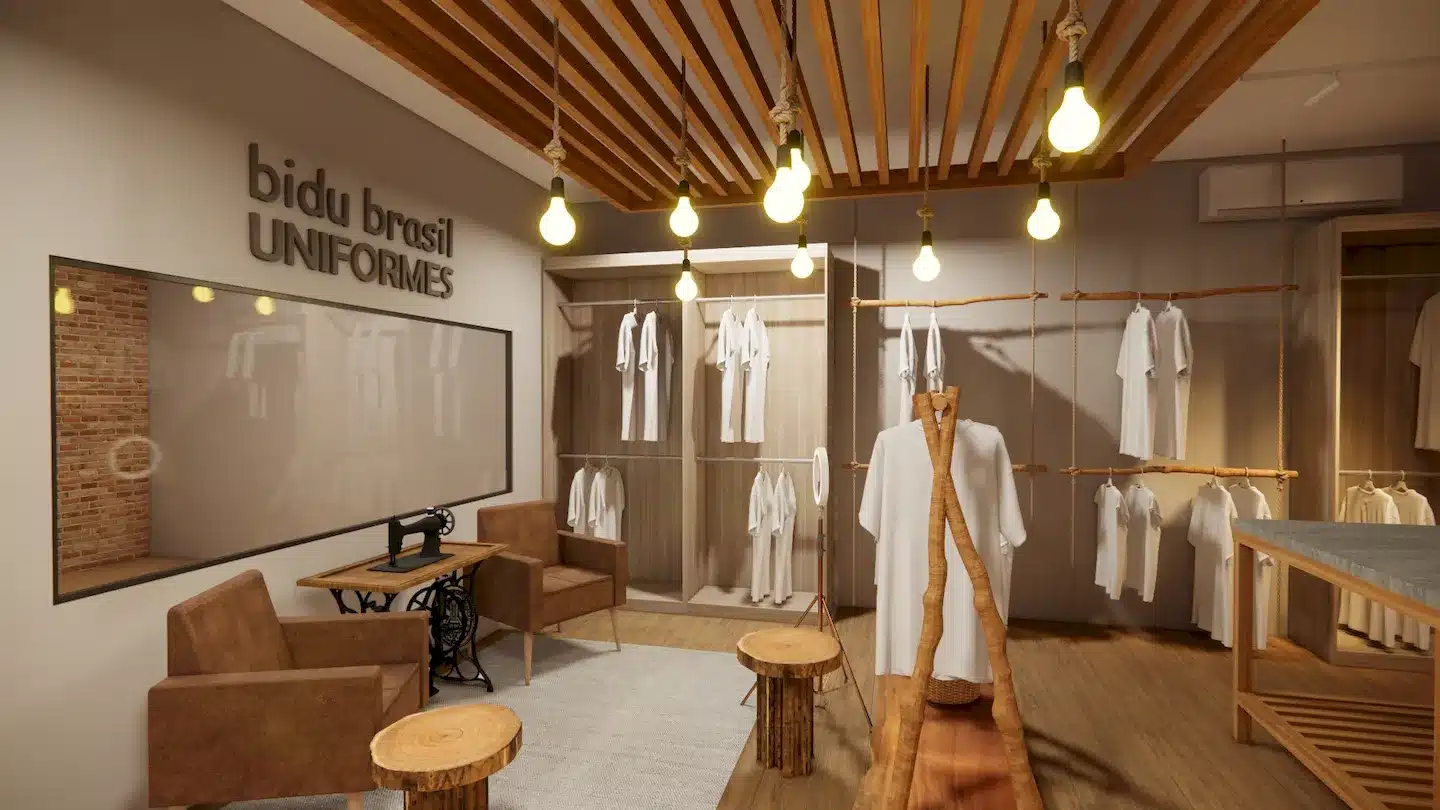 Ambiente comercial com exposição visual de produtos e experiência de marca